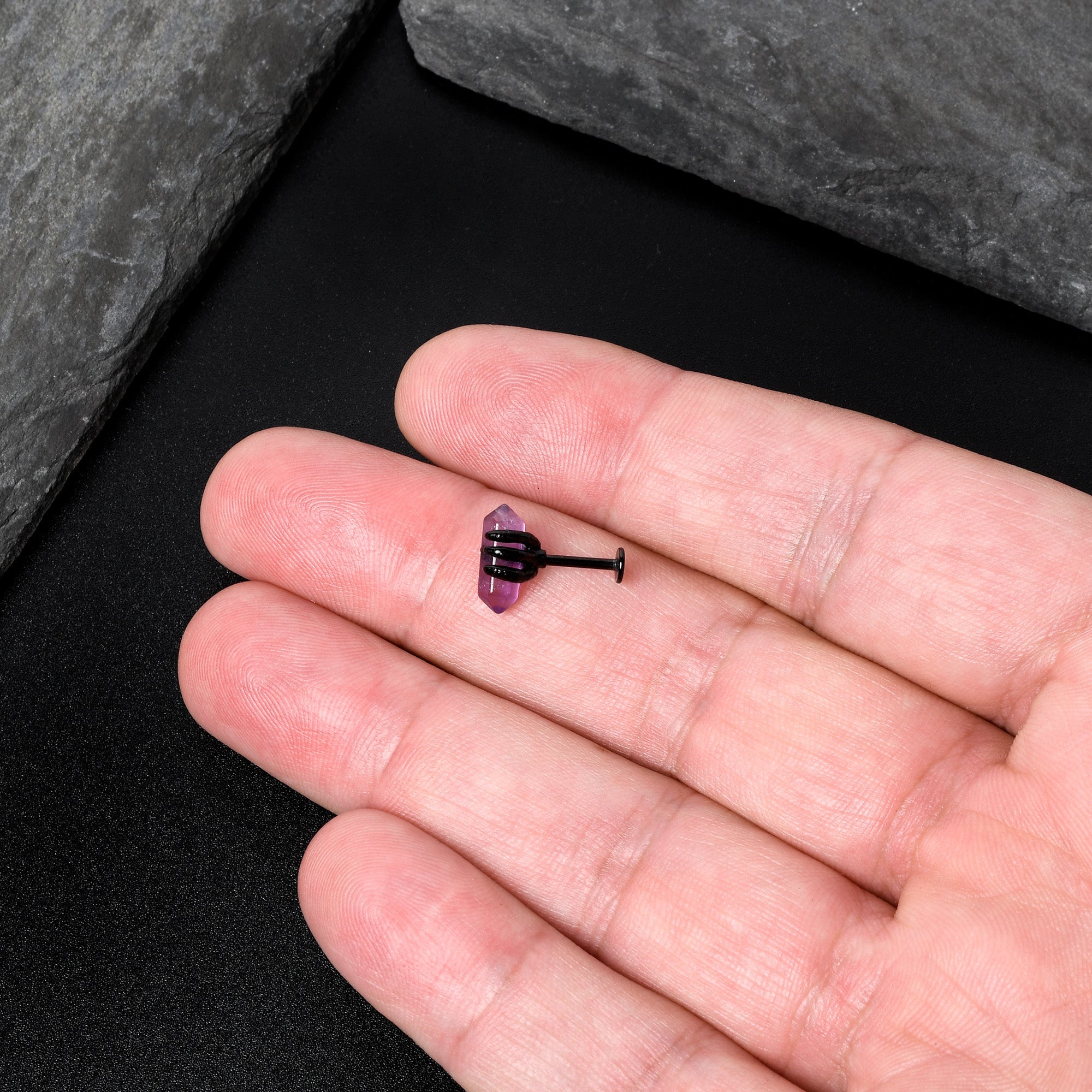 BodyCandy 16G 5/16 Purple Amethyst Black Claw Obelisk Labret Monroe Tragus — size reference