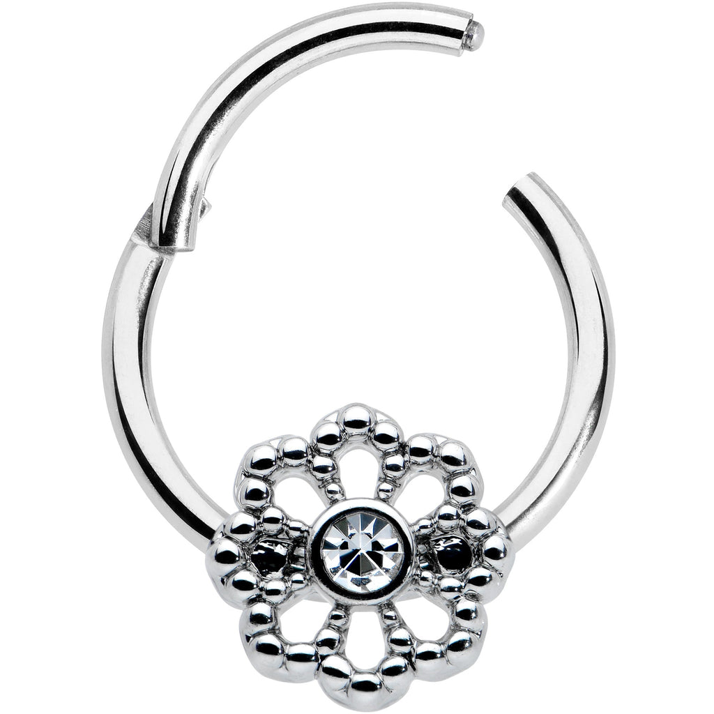 BodyCandy 16G 3/8 Clear Gem Epic Fabulous Flower Hinged Segment Ring — detail close-up
