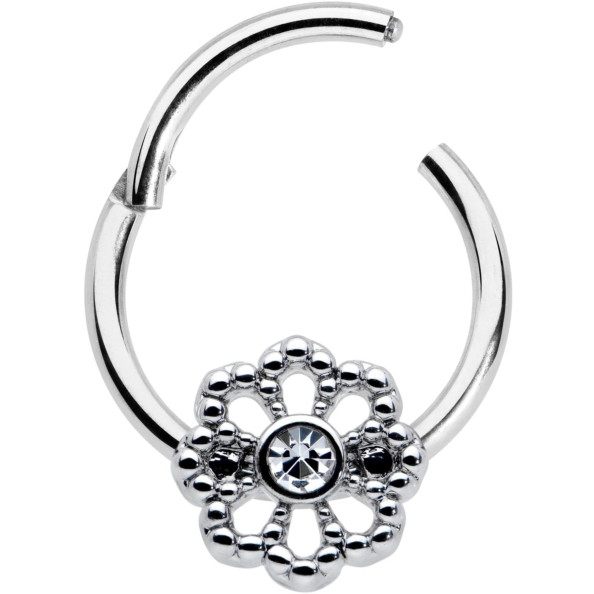 BodyCandy 16G 3/8 Clear Gem Epic Fabulous Flower Hinged Segment Ring — detail close-up