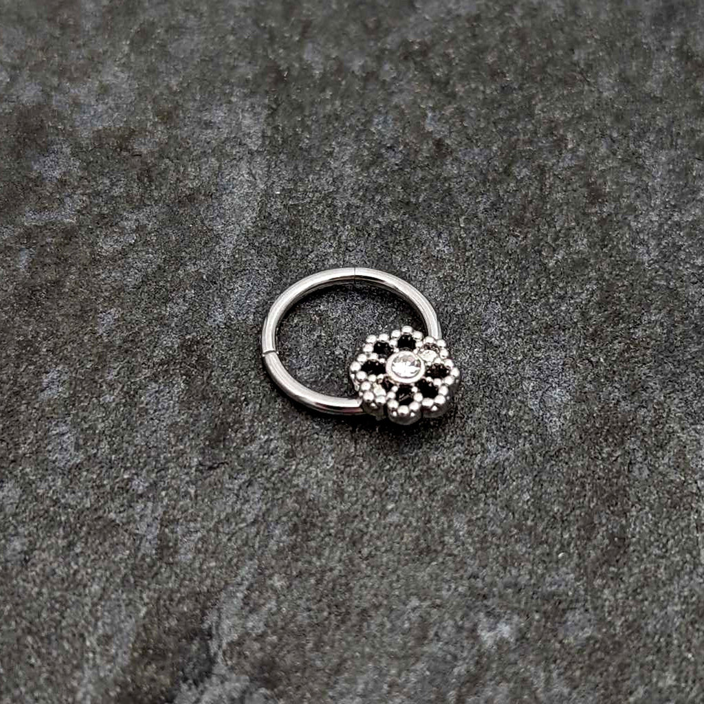 BodyCandy 16G 3/8 Clear Gem Epic Fabulous Flower Hinged Segment Ring — side view