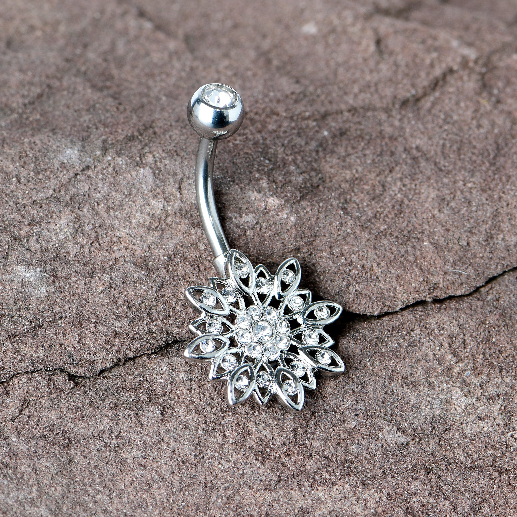 BodyCandy Clear Gem Rococo Starry Flower Baroque Belly Ring — in-use photo