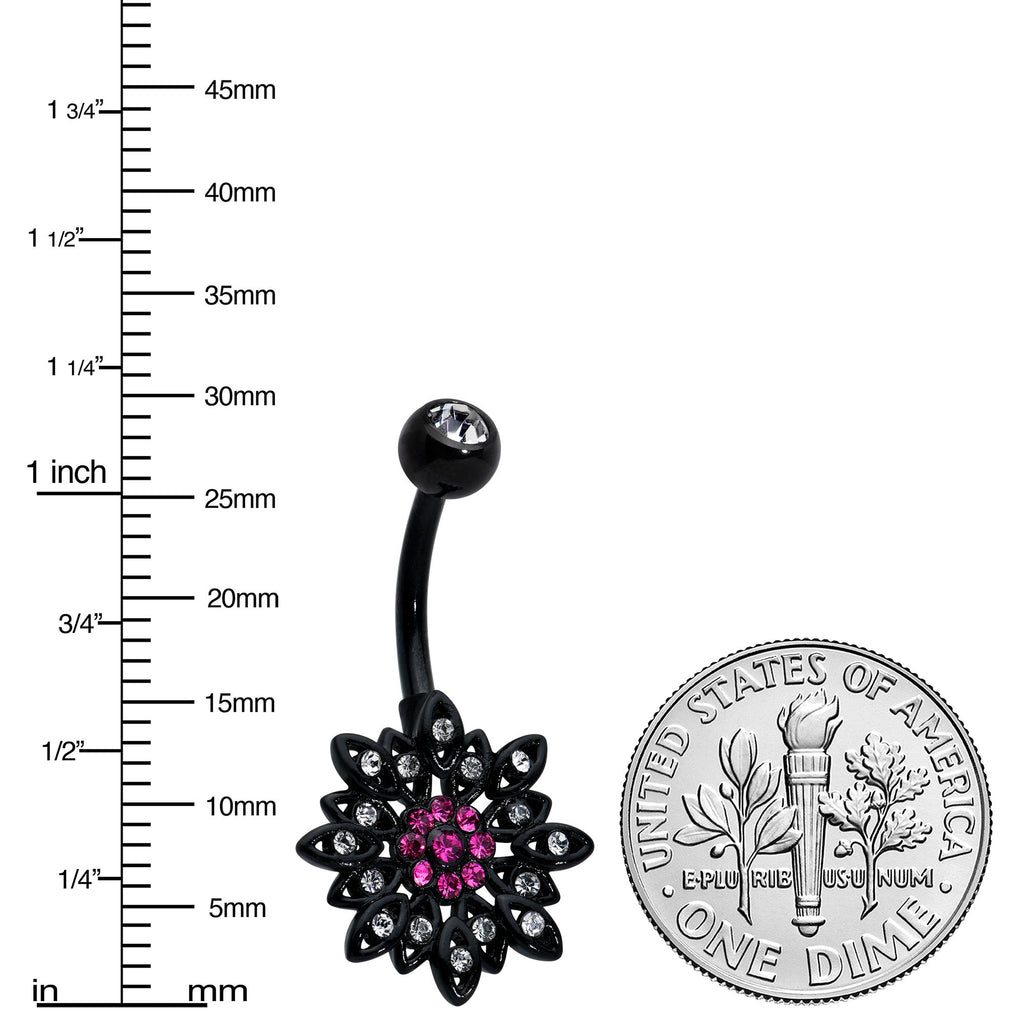BodyCandy Clear Pink Gem Black Midnight Flower Blooming Belly Ring — detail close-up