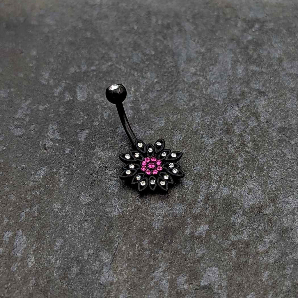 BodyCandy Clear Pink Gem Black Midnight Flower Blooming Belly Ring — side view