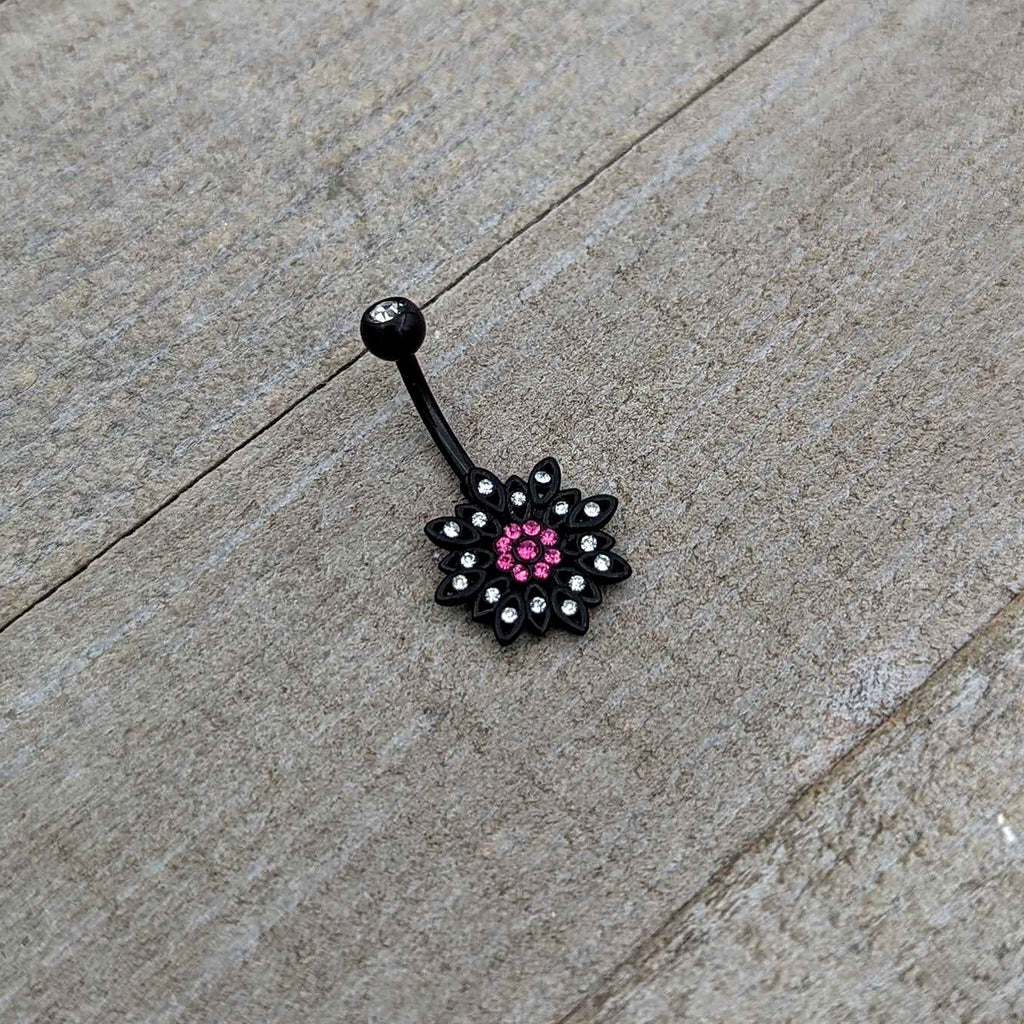 BodyCandy Clear Pink Gem Black Midnight Flower Blooming Belly Ring — back view