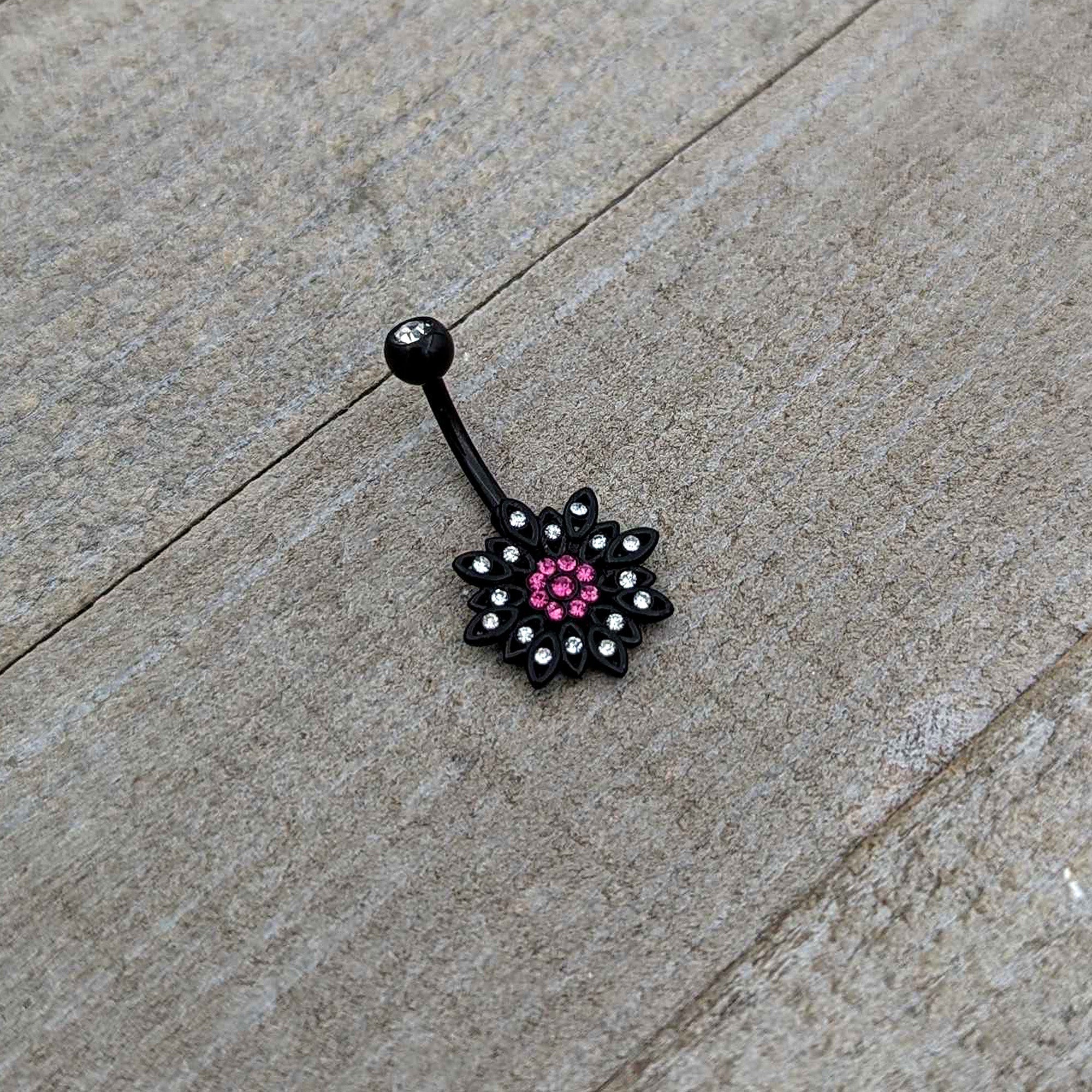 BodyCandy Clear Pink Gem Black Midnight Flower Blooming Belly Ring — back view