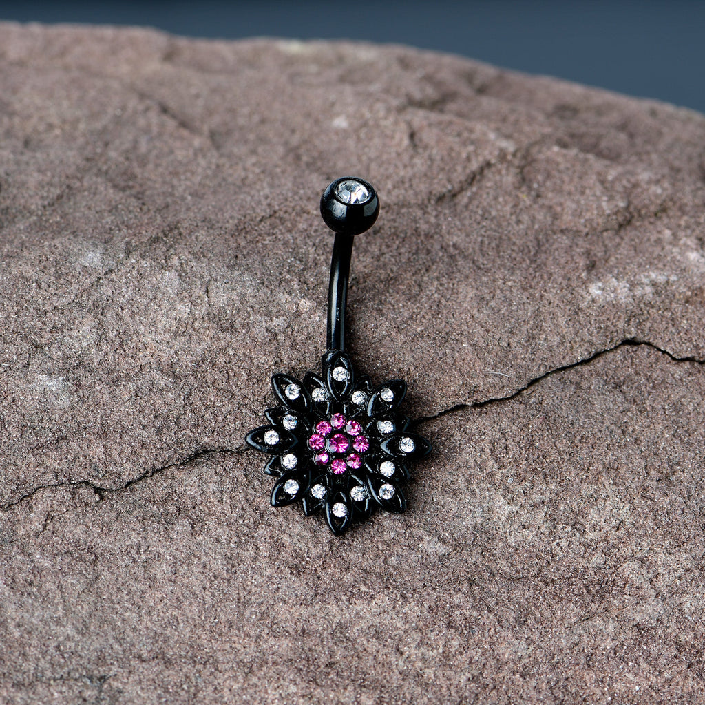 BodyCandy Clear Pink Gem Black Midnight Flower Blooming Belly Ring — in-use photo