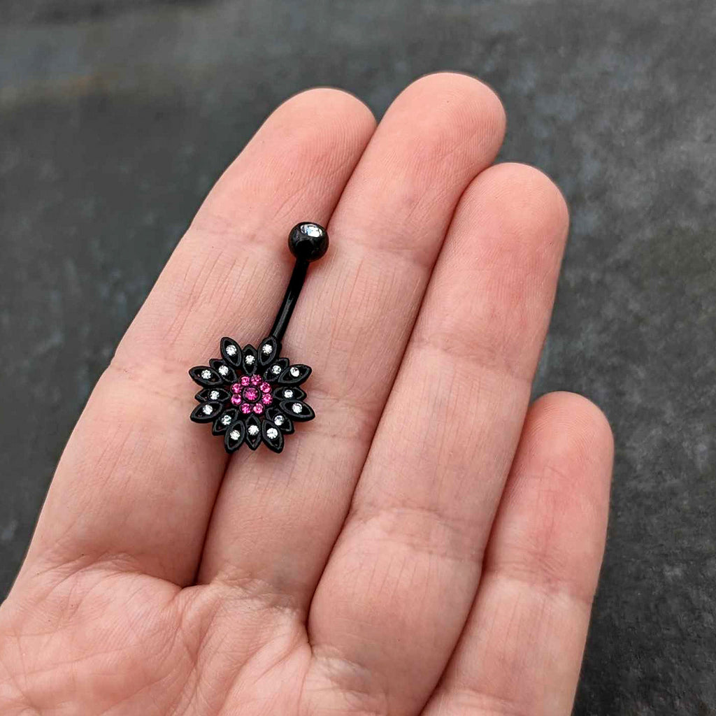 BodyCandy Clear Pink Gem Black Midnight Flower Blooming Belly Ring — size reference