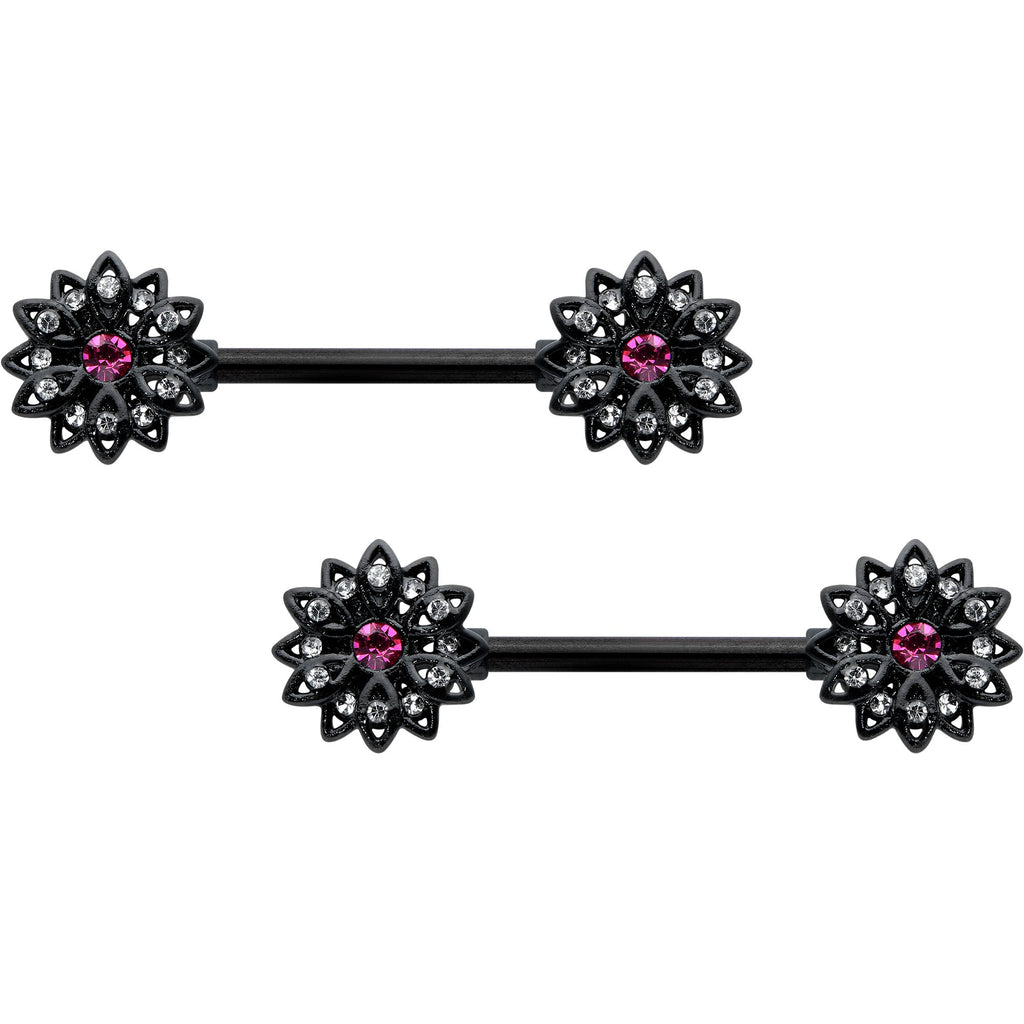BodyCandy 14G 9/16 Clear Gem Black Midnight Flower Barbell Nipple Ring Set — main product shot