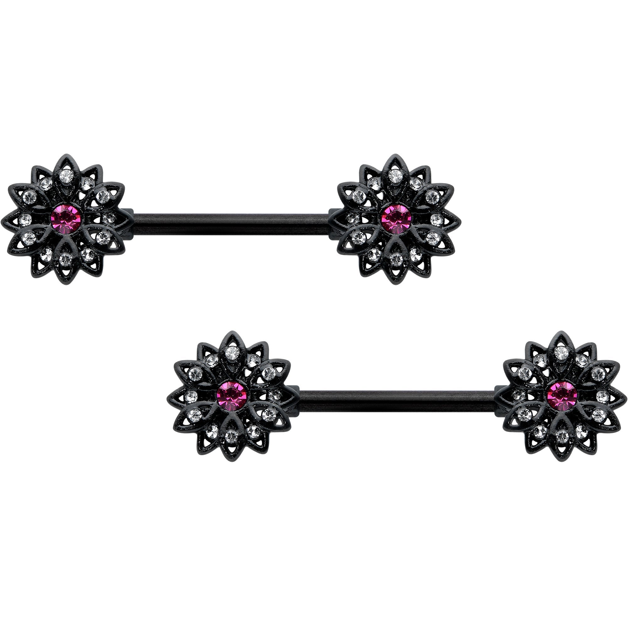 BodyCandy 14G 9/16 Clear Gem Black Midnight Flower Barbell Nipple Ring Set — main product shot