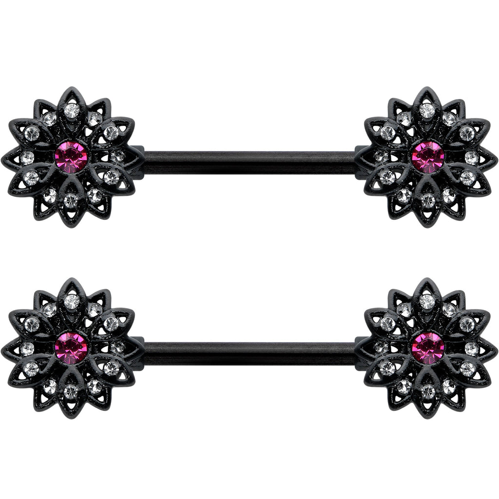 BodyCandy 14G 9/16 Clear Gem Black Midnight Flower Barbell Nipple Ring Set — detail close-up