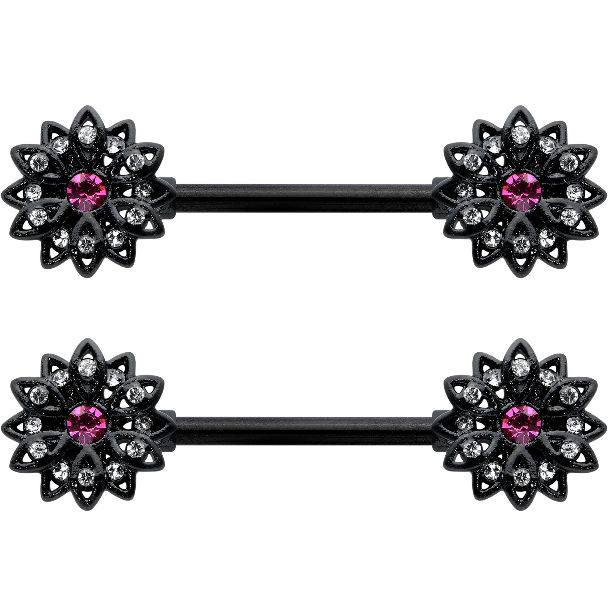 BodyCandy 14G 9/16 Clear Gem Black Midnight Flower Barbell Nipple Ring Set — detail close-up