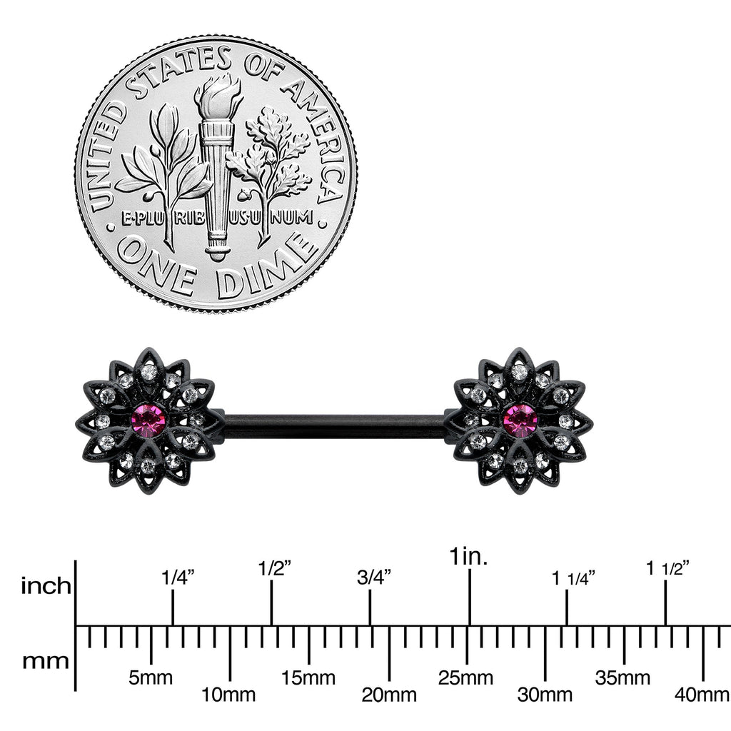 BodyCandy 14G 9/16 Clear Gem Black Midnight Flower Barbell Nipple Ring Set — lifestyle context