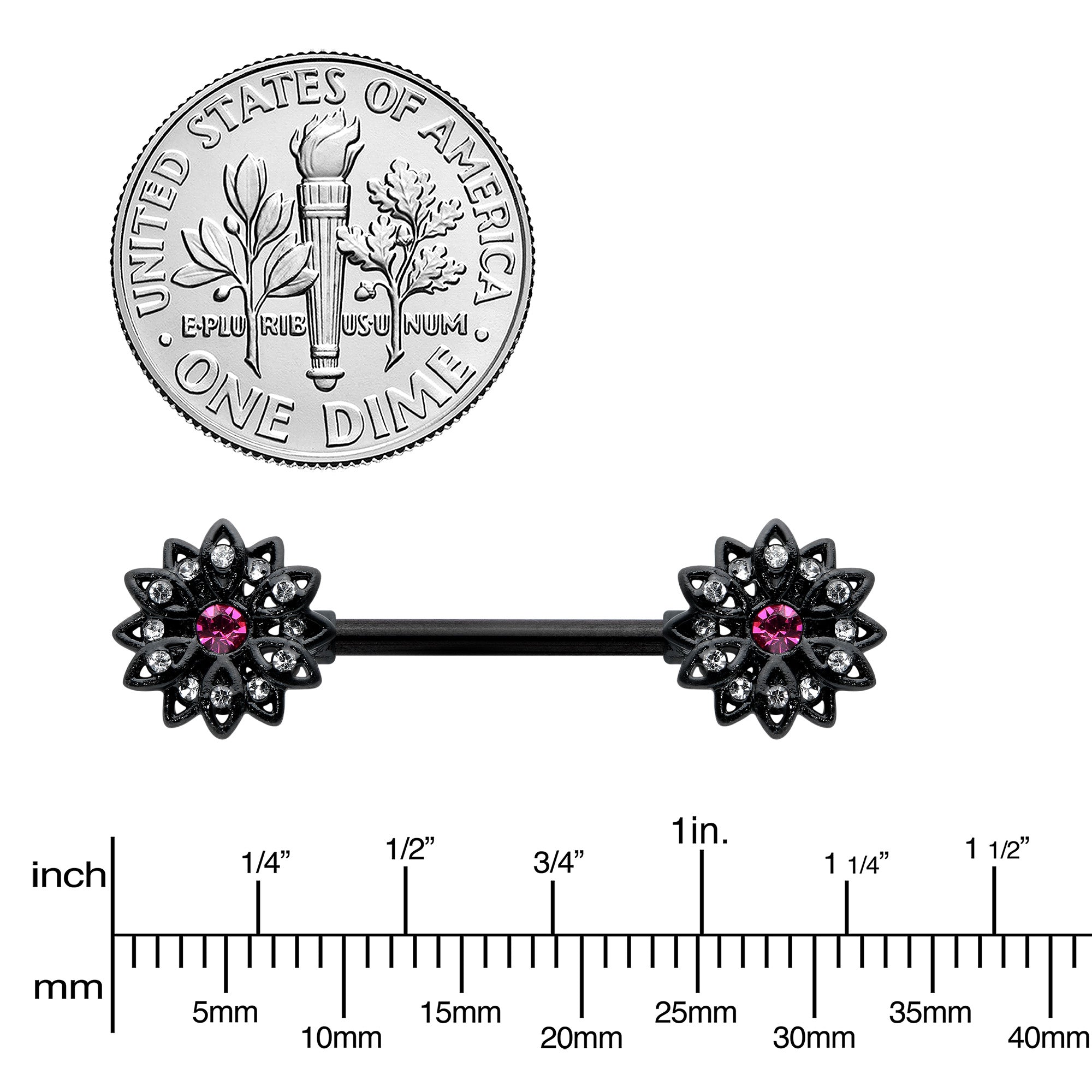BodyCandy 14G 9/16 Clear Gem Black Midnight Flower Barbell Nipple Ring Set — lifestyle context