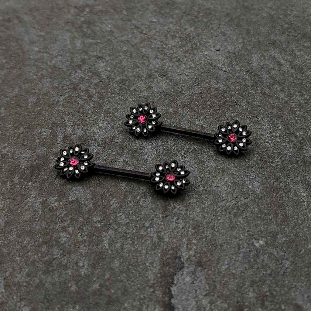 BodyCandy 14G 9/16 Clear Gem Black Midnight Flower Barbell Nipple Ring Set — side view