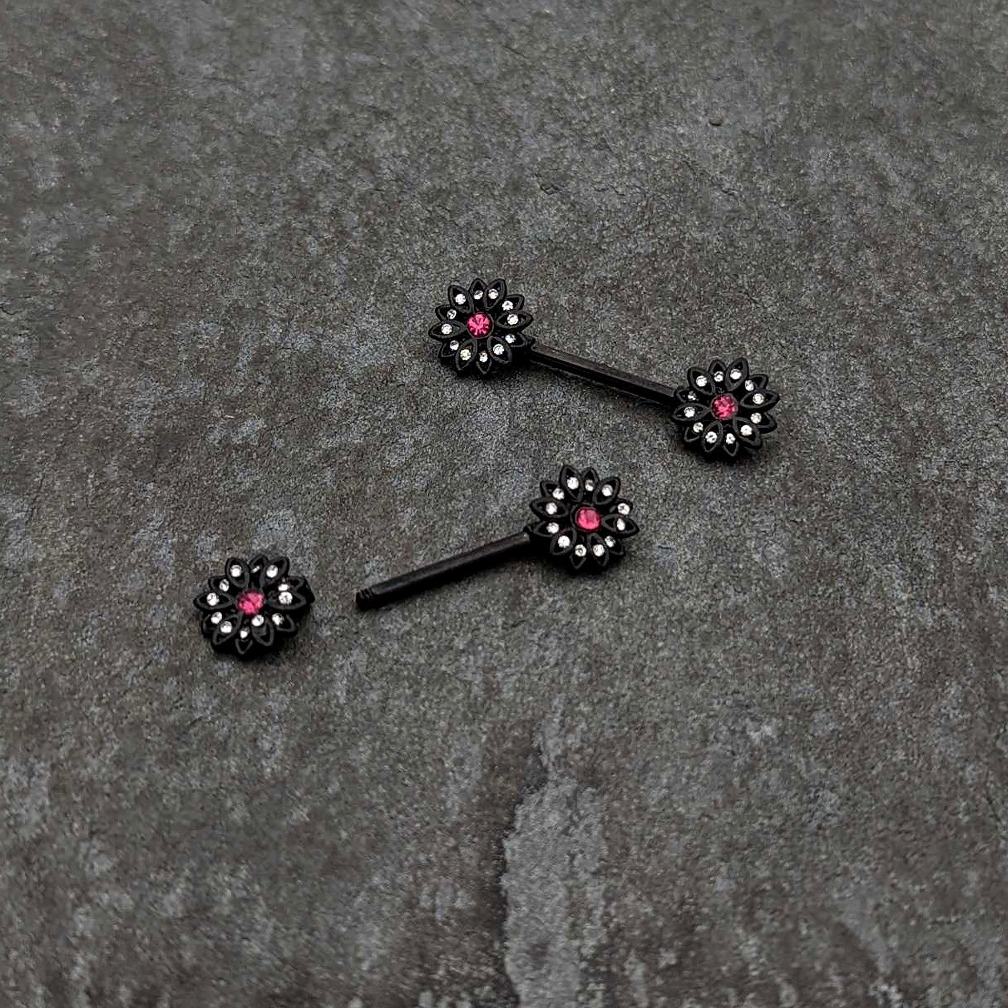 BodyCandy 14G 9/16 Clear Gem Black Midnight Flower Barbell Nipple Ring Set — back view