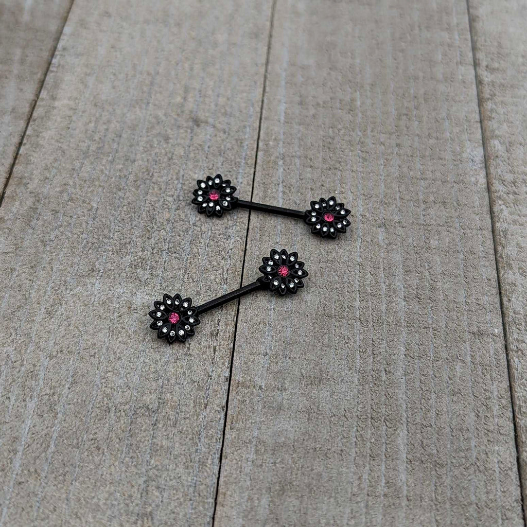 BodyCandy 14G 9/16 Clear Gem Black Midnight Flower Barbell Nipple Ring Set — alternative angle