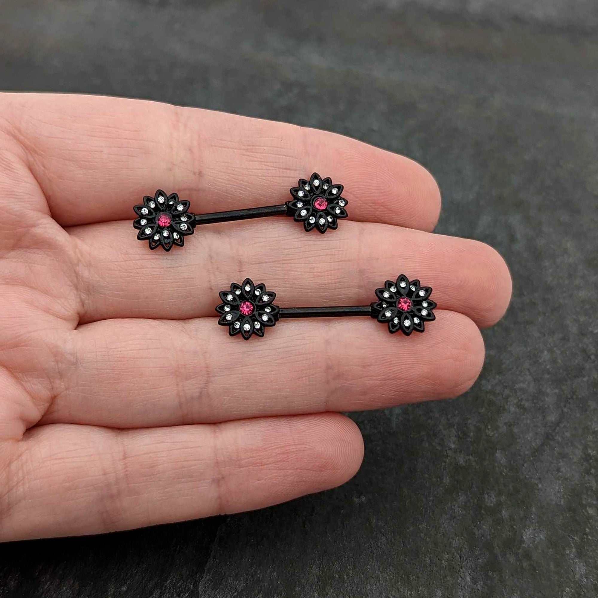 BodyCandy 14G 9/16 Clear Gem Black Midnight Flower Barbell Nipple Ring Set — in-use photo