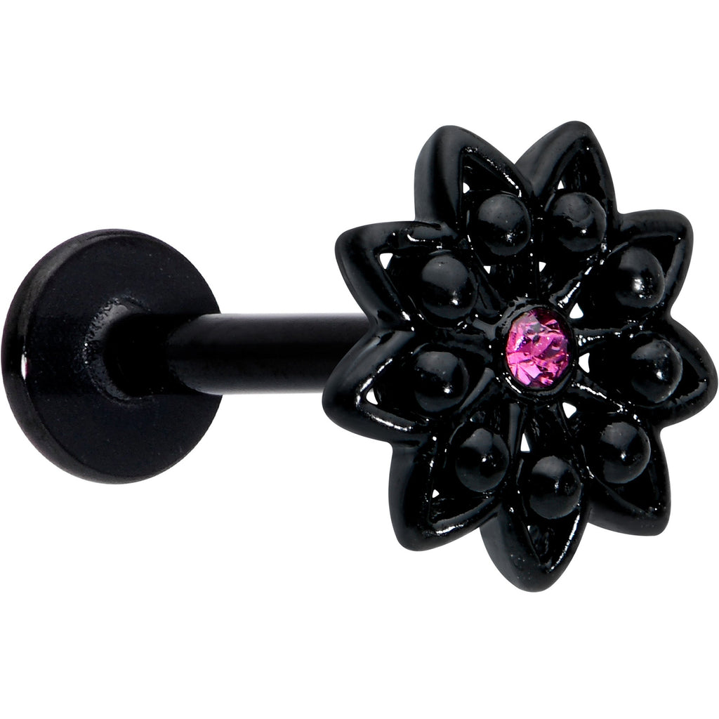BodyCandy 16G 5/16 Pink Gem Black Midnight Flower Labret Monroe Tragus — main product shot