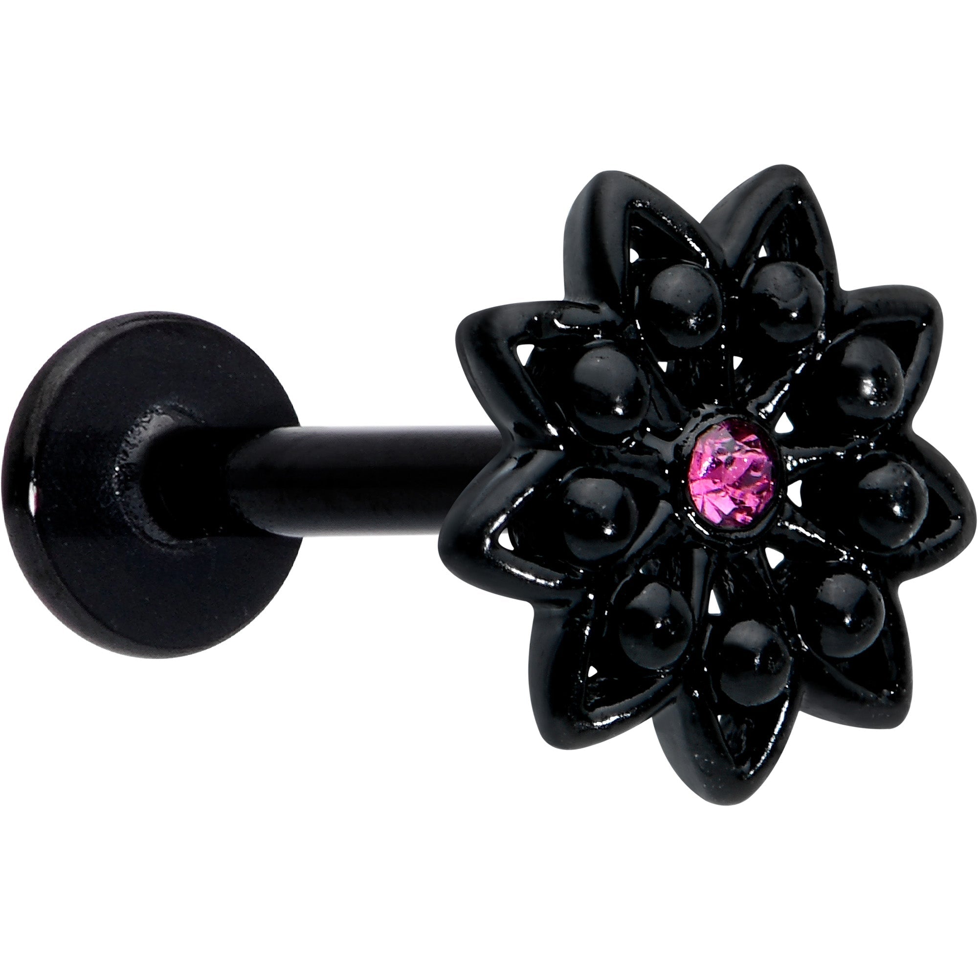 BodyCandy 16G 5/16 Pink Gem Black Midnight Flower Labret Monroe Tragus — main product shot
