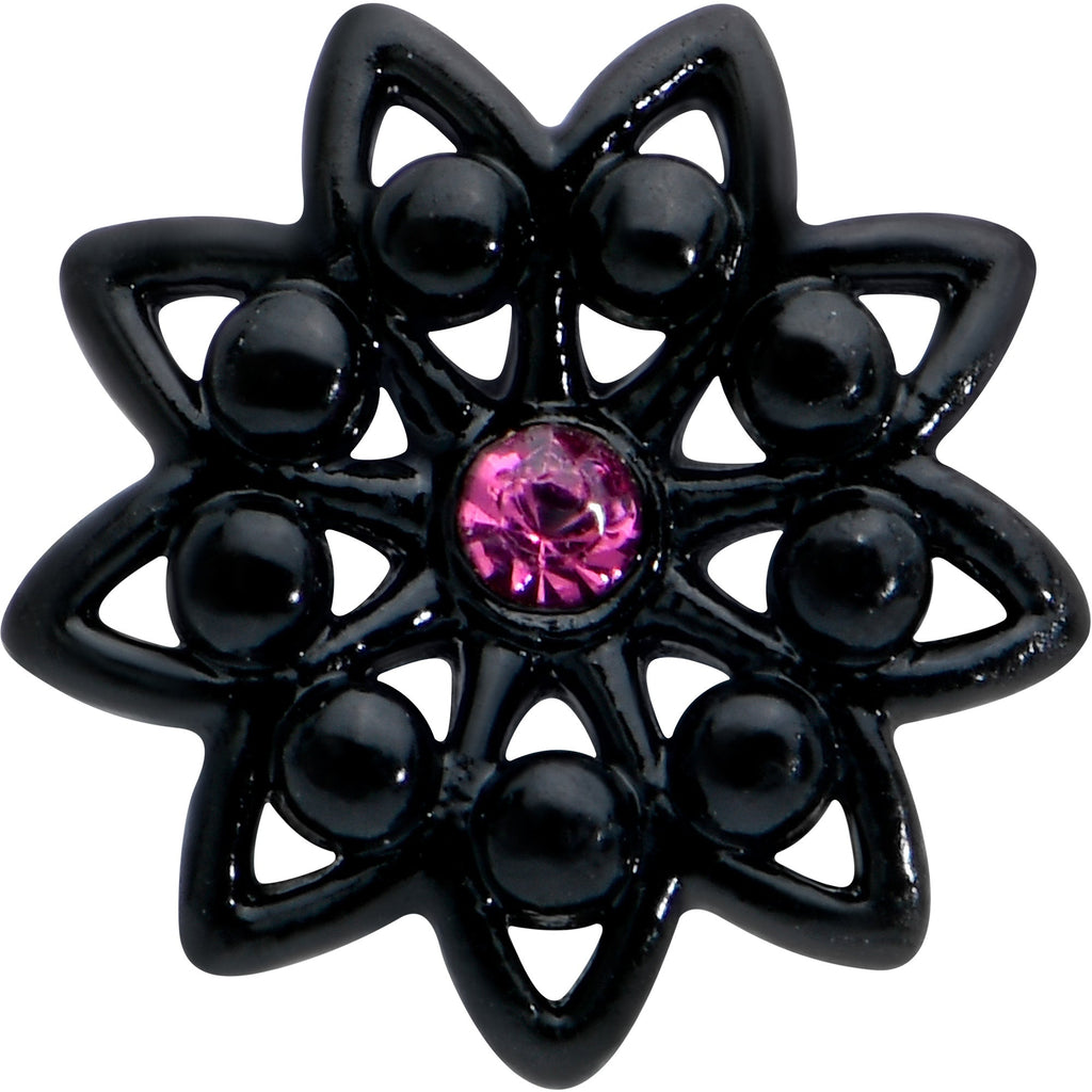 BodyCandy 16G 5/16 Pink Gem Black Midnight Flower Labret Monroe Tragus — detail close-up