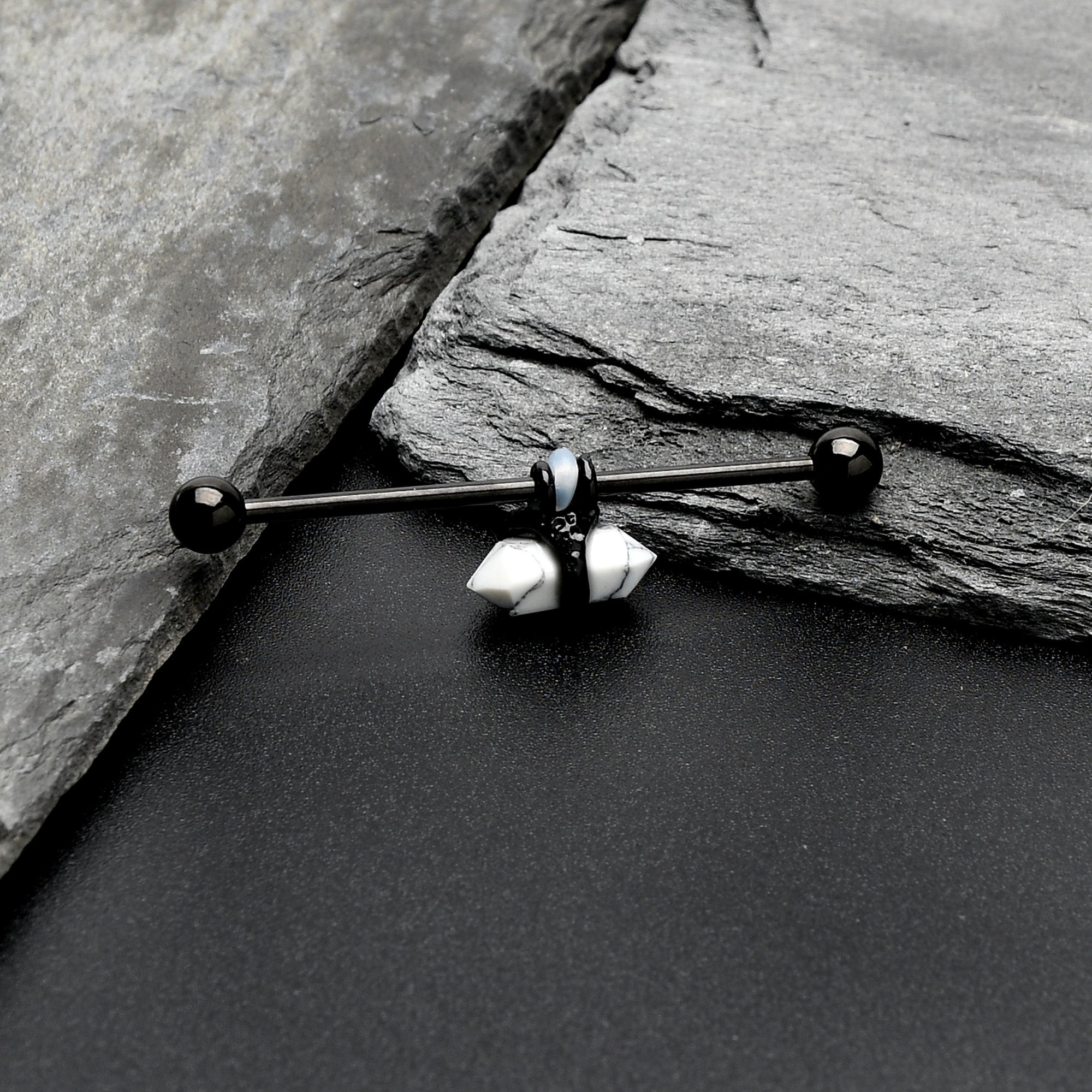 BodyCandy 14G White Howlite Black Claw Industrial Barbell 38mm — side view