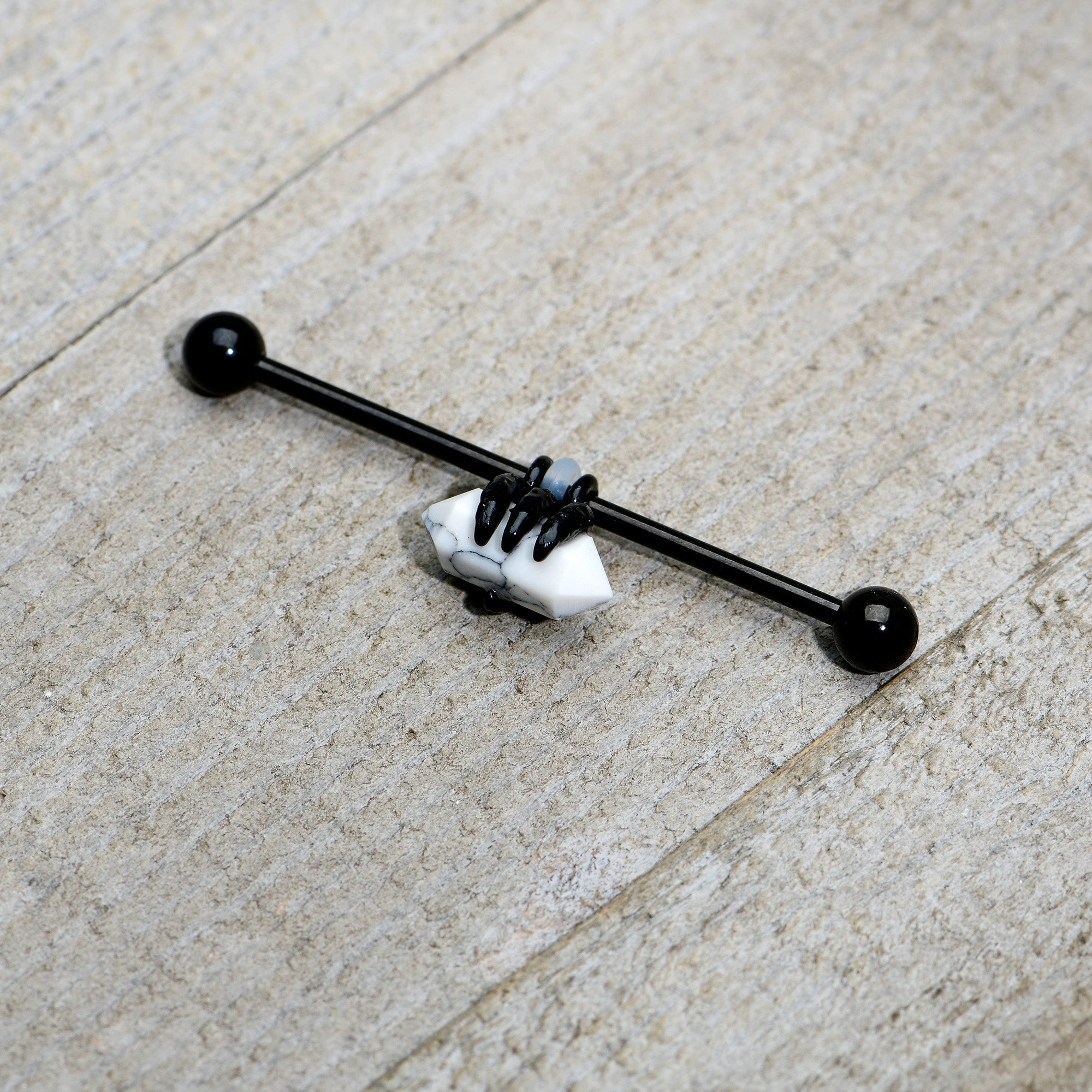 BodyCandy 14G White Howlite Black Claw Industrial Barbell 38mm — back view