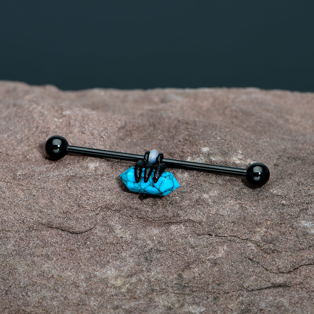 BodyCandy 14G Blue Turquoise Black Claw Industrial Barbell 38mm — in-use photo
