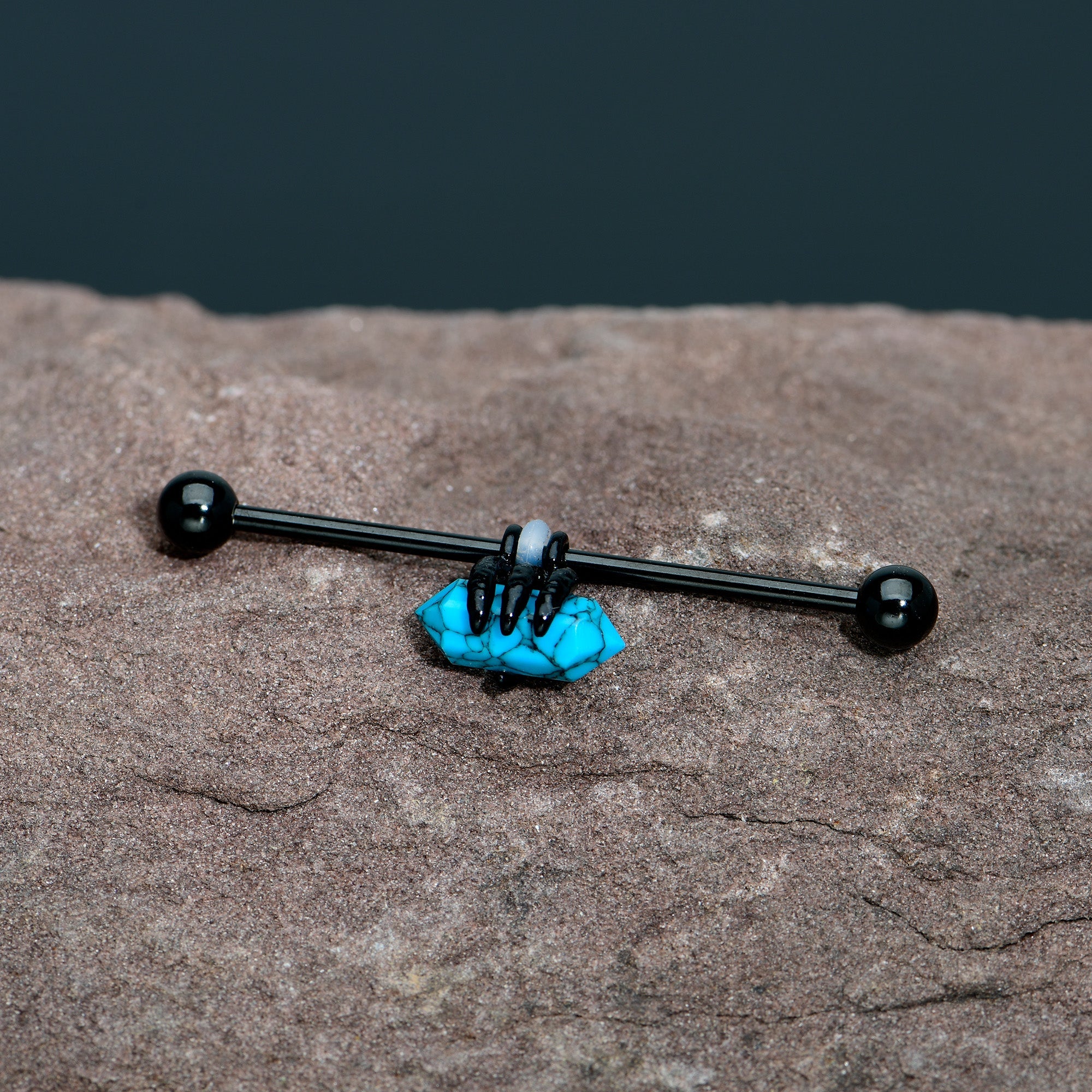 BodyCandy 14G Blue Turquoise Black Claw Industrial Barbell 38mm — in-use photo