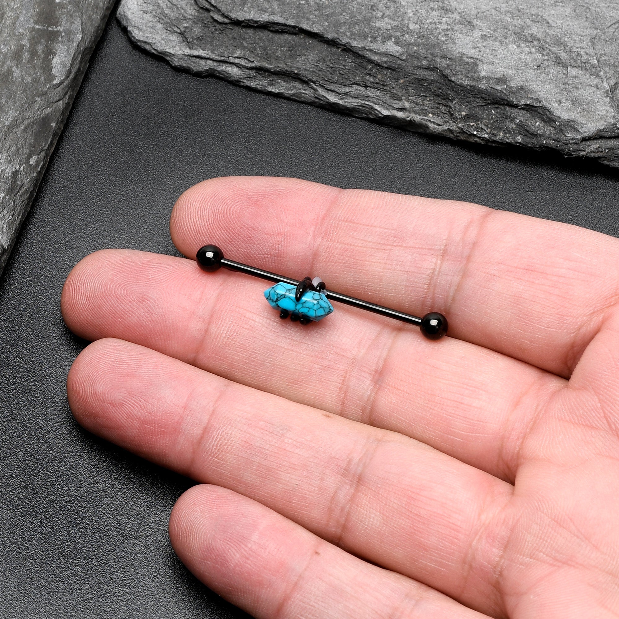 BodyCandy 14G Blue Turquoise Black Claw Industrial Barbell 38mm — size reference