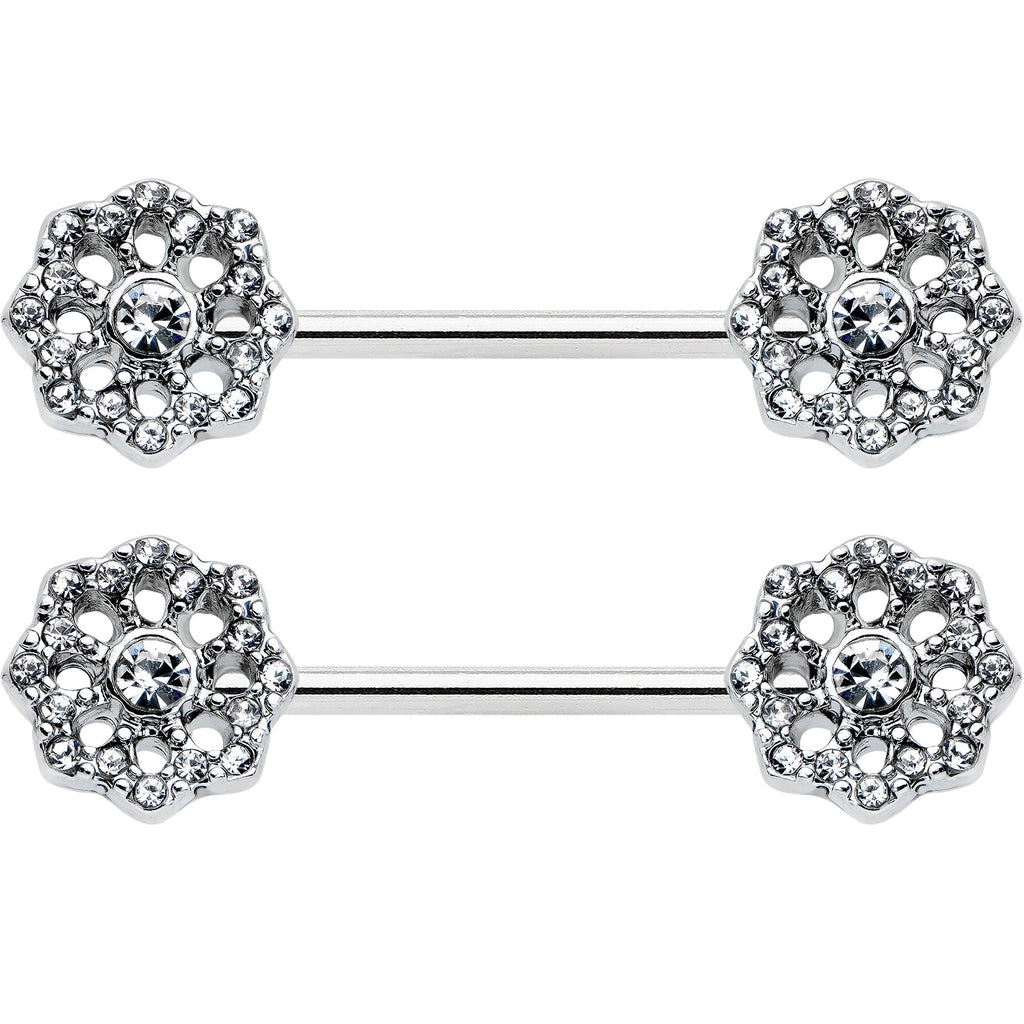 BodyCandy 14G 9/16 Clear Gem Epic Fabulous Flower Barbell Nipple Ring Set — detail close-up