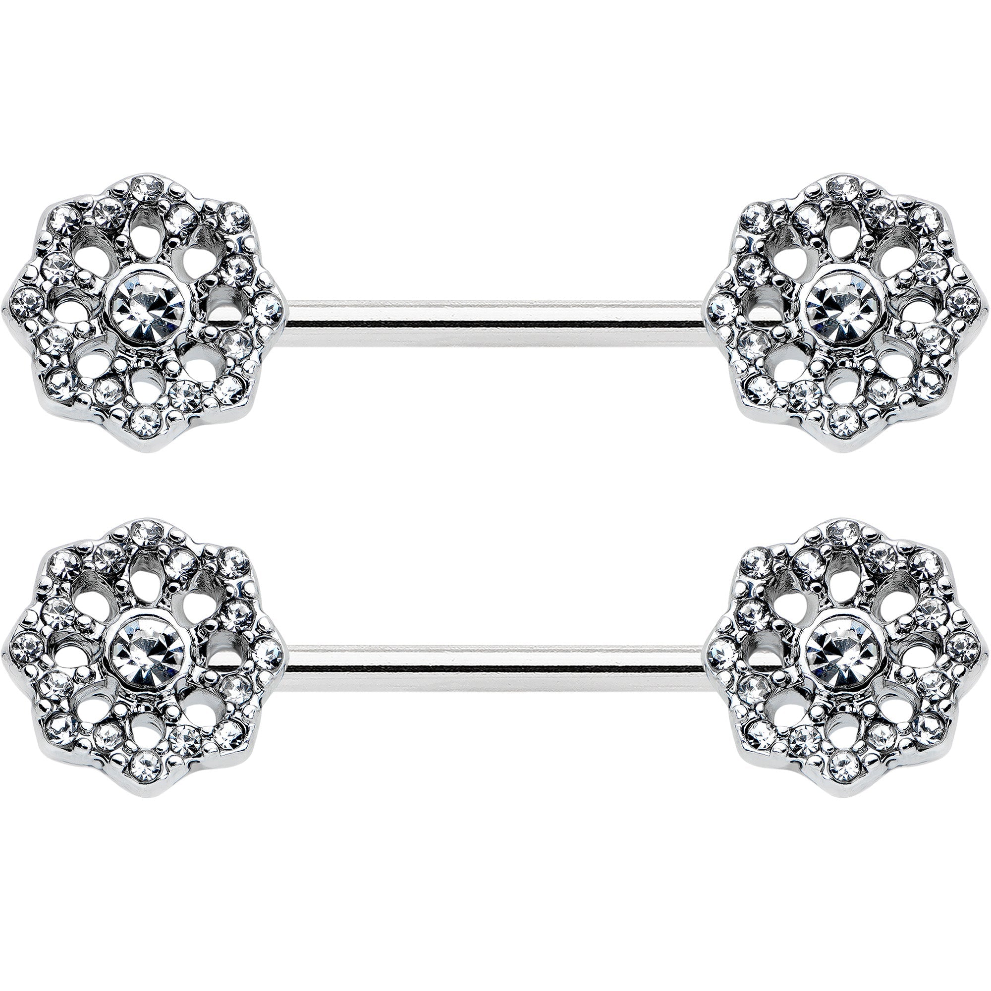 BodyCandy 14G 9/16 Clear Gem Epic Fabulous Flower Barbell Nipple Ring Set — detail close-up