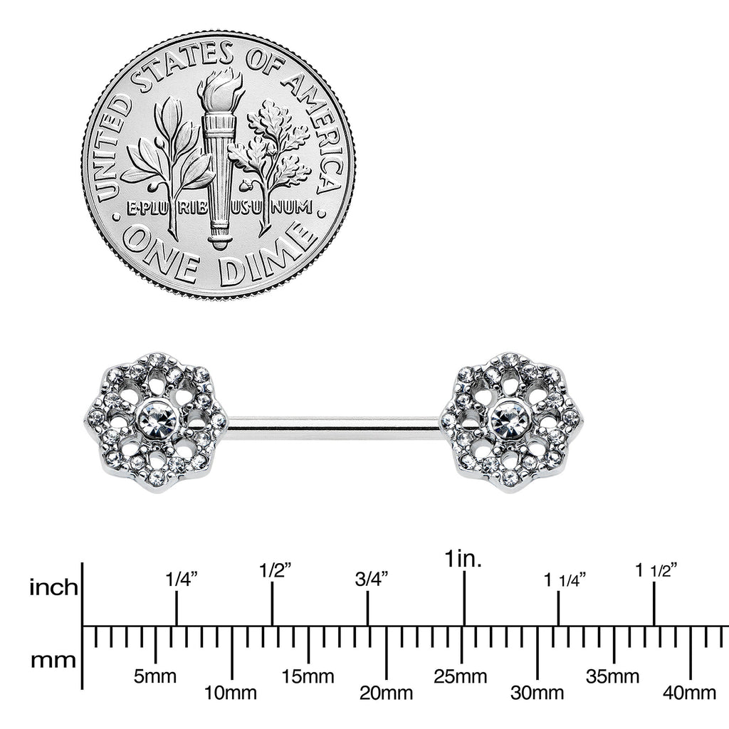 BodyCandy 14G 9/16 Clear Gem Epic Fabulous Flower Barbell Nipple Ring Set — lifestyle context