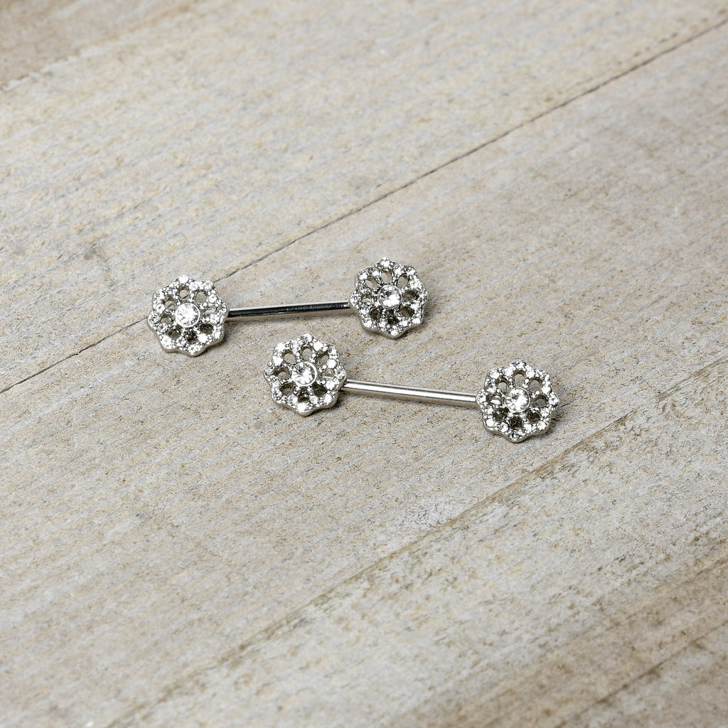 BodyCandy 14G 9/16 Clear Gem Epic Fabulous Flower Barbell Nipple Ring Set — side view