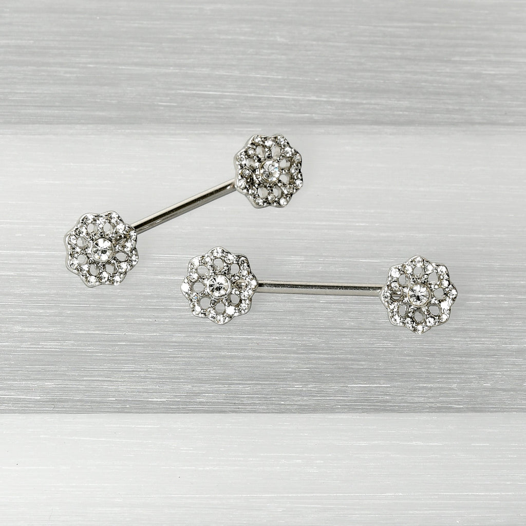 BodyCandy 14G 9/16 Clear Gem Epic Fabulous Flower Barbell Nipple Ring Set — back view
