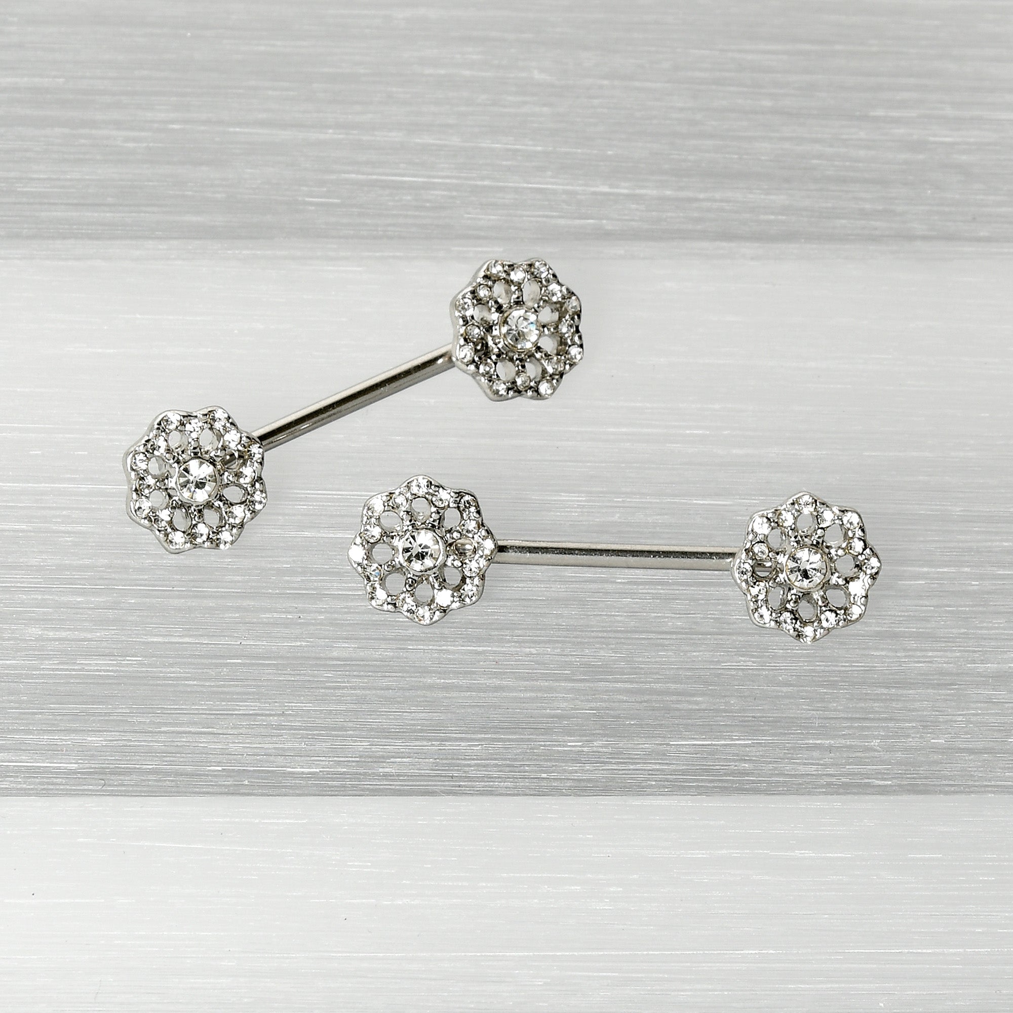 BodyCandy 14G 9/16 Clear Gem Epic Fabulous Flower Barbell Nipple Ring Set — back view