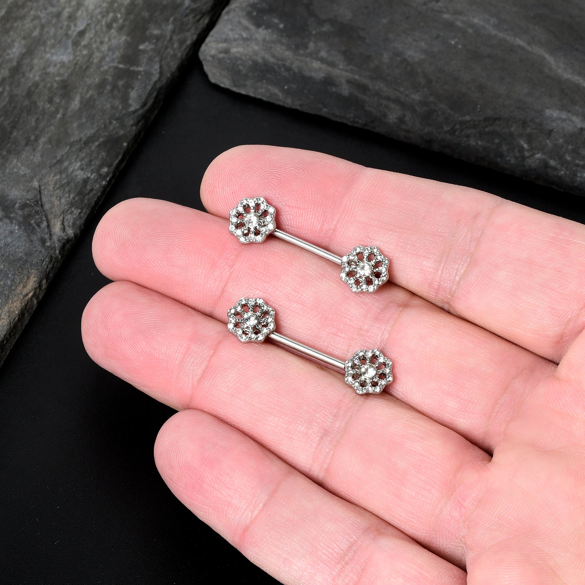 BodyCandy 14G 9/16 Clear Gem Epic Fabulous Flower Barbell Nipple Ring Set — in-use photo
