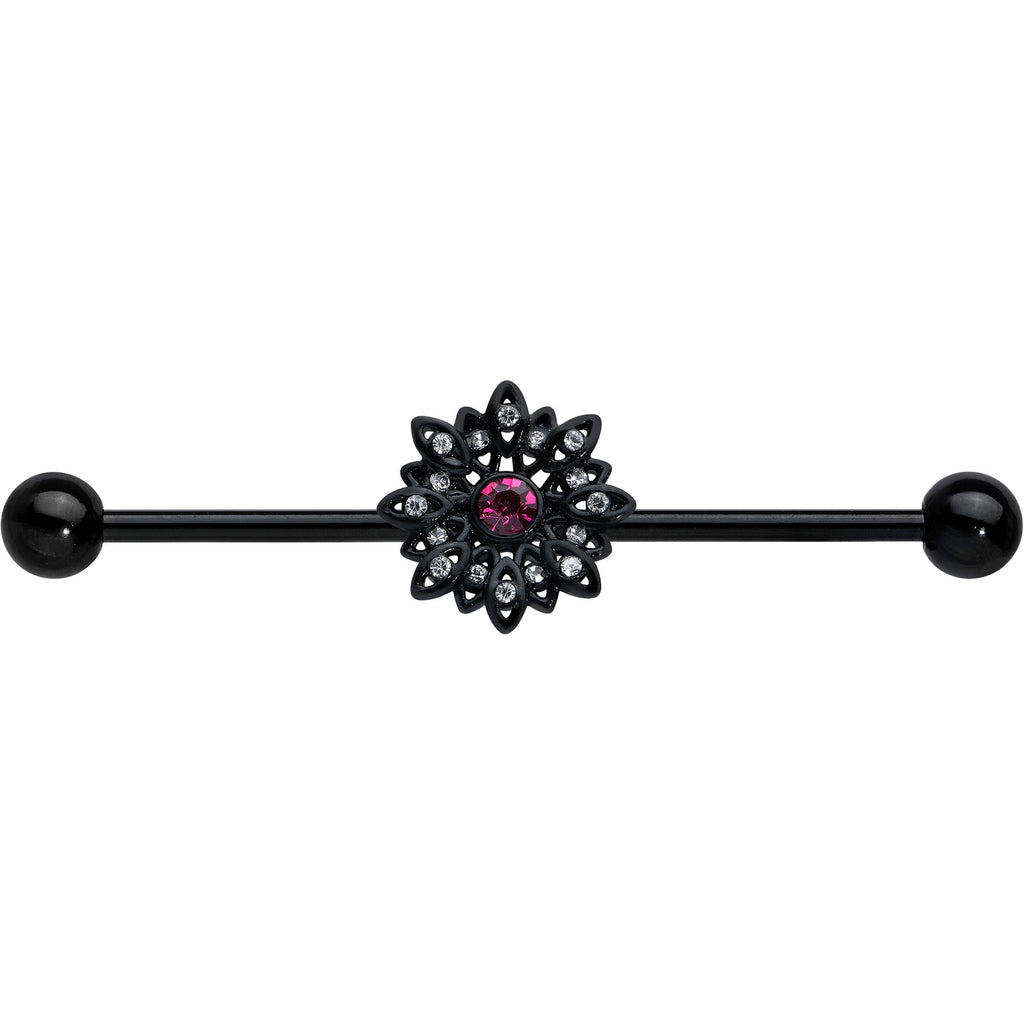 BodyCandy 14G Clear Pink Gem Black Midnight Flower Industrial Barbell 38mm — detail close-up