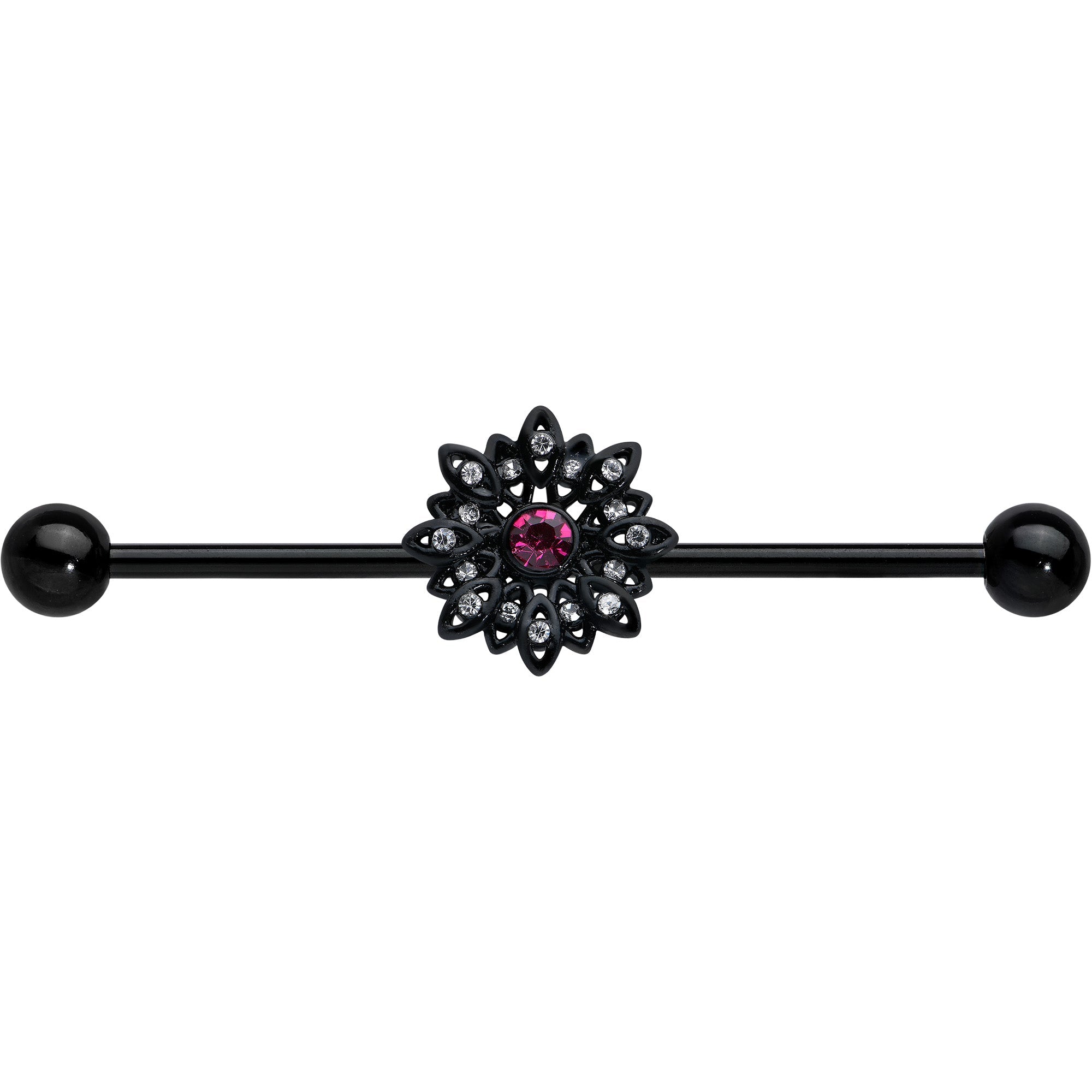 BodyCandy 14G Clear Pink Gem Black Midnight Flower Industrial Barbell 38mm — detail close-up