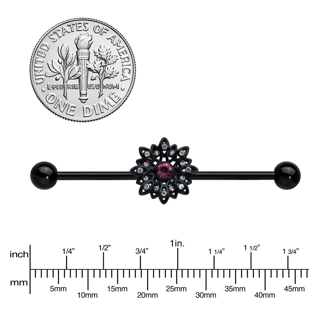 BodyCandy 14G Clear Pink Gem Black Midnight Flower Industrial Barbell 38mm — lifestyle context