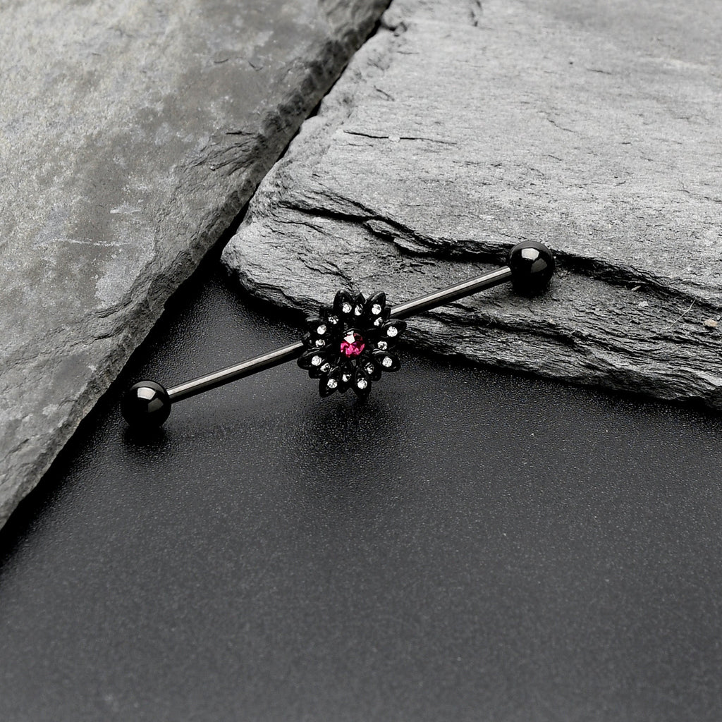 BodyCandy 14G Clear Pink Gem Black Midnight Flower Industrial Barbell 38mm — side view