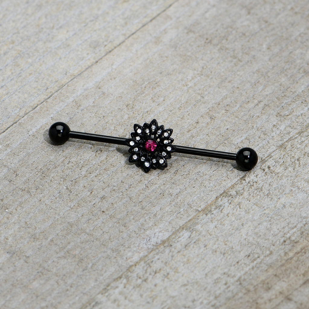 BodyCandy 14G Clear Pink Gem Black Midnight Flower Industrial Barbell 38mm — back view