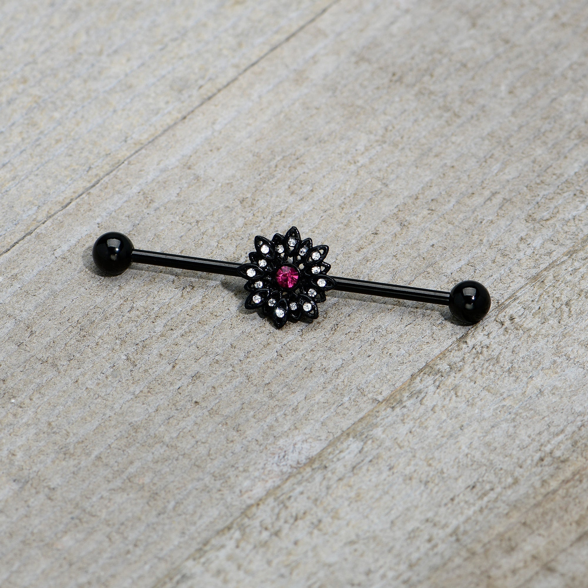 BodyCandy 14G Clear Pink Gem Black Midnight Flower Industrial Barbell 38mm — back view
