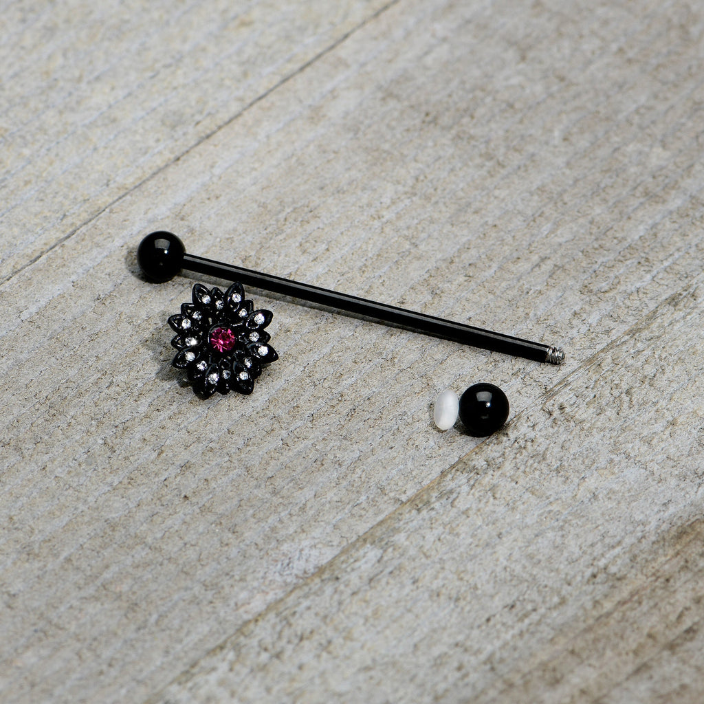 BodyCandy 14G Clear Pink Gem Black Midnight Flower Industrial Barbell 38mm — alternative angle