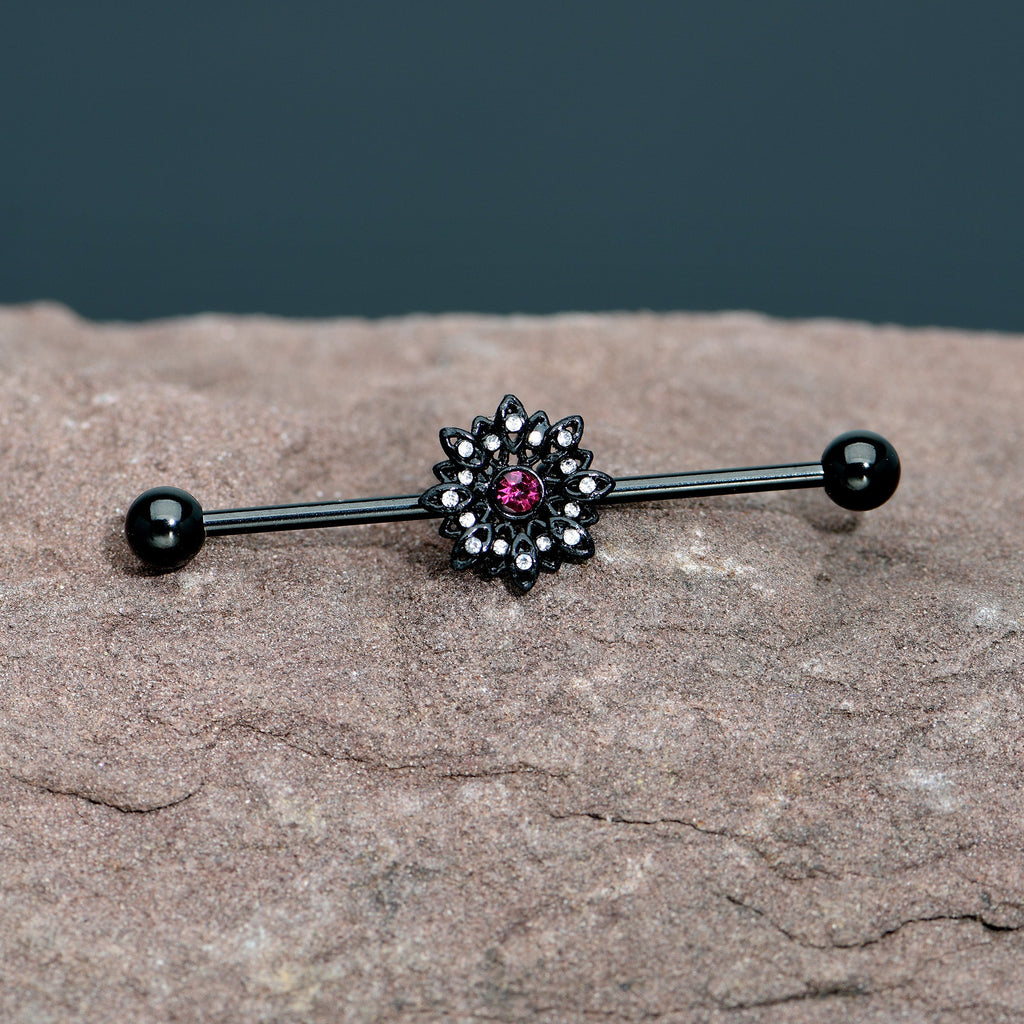 BodyCandy 14G Clear Pink Gem Black Midnight Flower Industrial Barbell 38mm — in-use photo