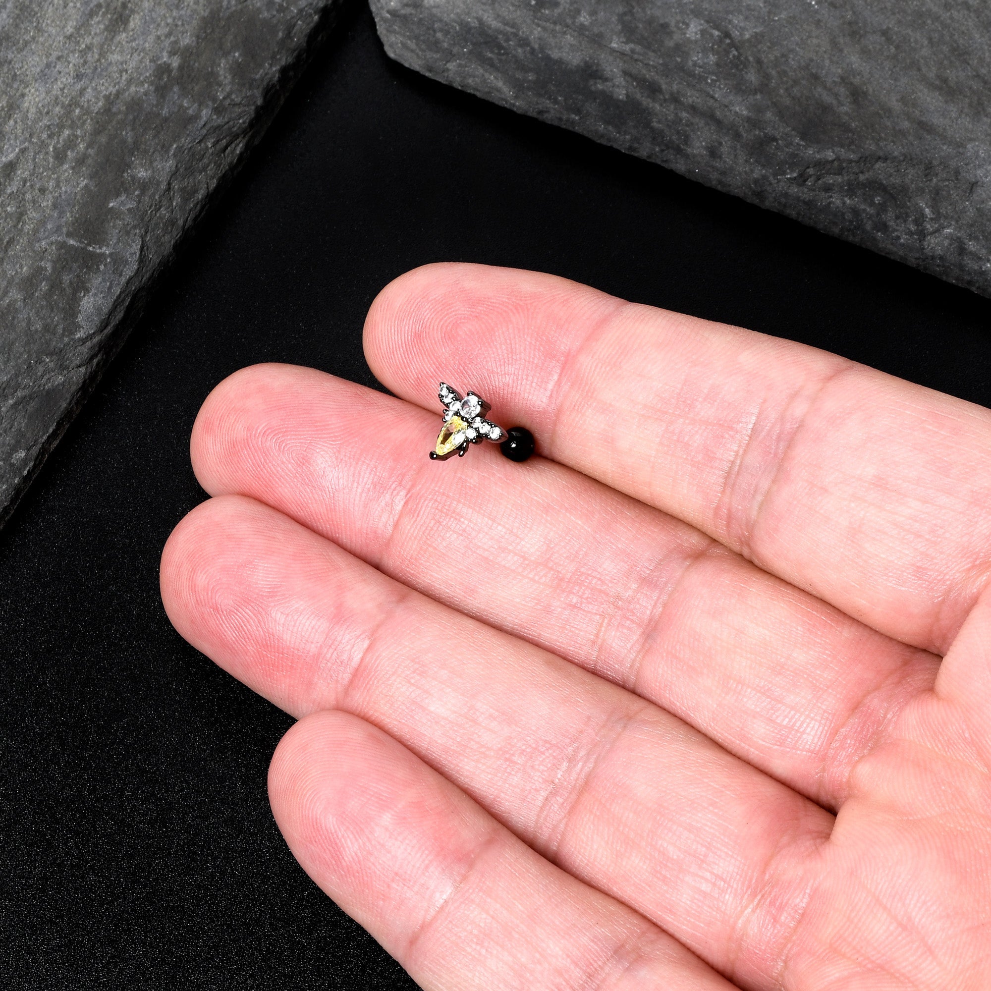 BodyCandy 16G 1/4 Clear Yellow Gem Black Butterfly Cartilage Tragus Earring — size reference