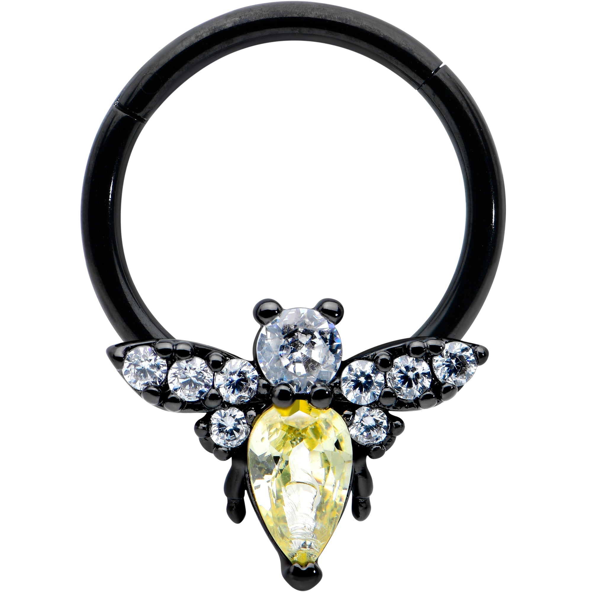 BodyCandy 16G 3/8 Yellow Clear Gem Black Butterfly Hinged Segment Ring — main product shot