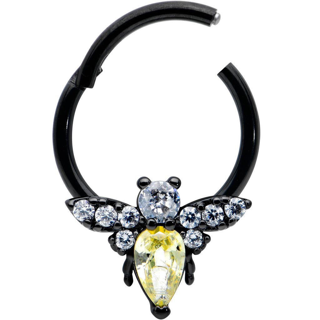 BodyCandy 16G 3/8 Yellow Clear Gem Black Butterfly Hinged Segment Ring — detail close-up