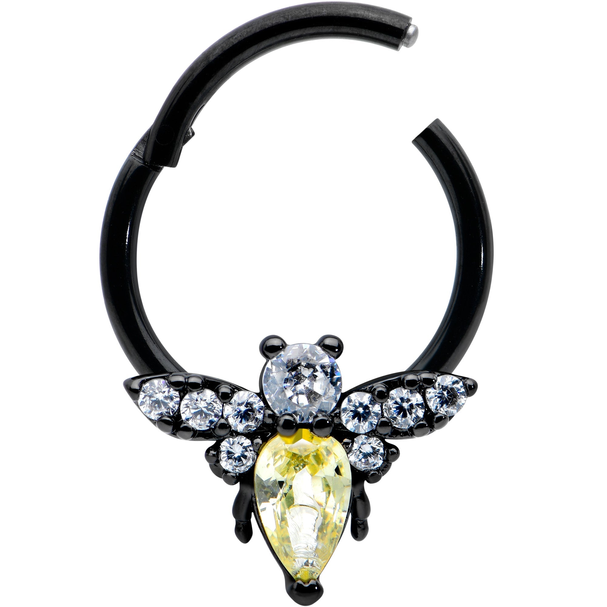 BodyCandy 16G 3/8 Yellow Clear Gem Black Butterfly Hinged Segment Ring — detail close-up