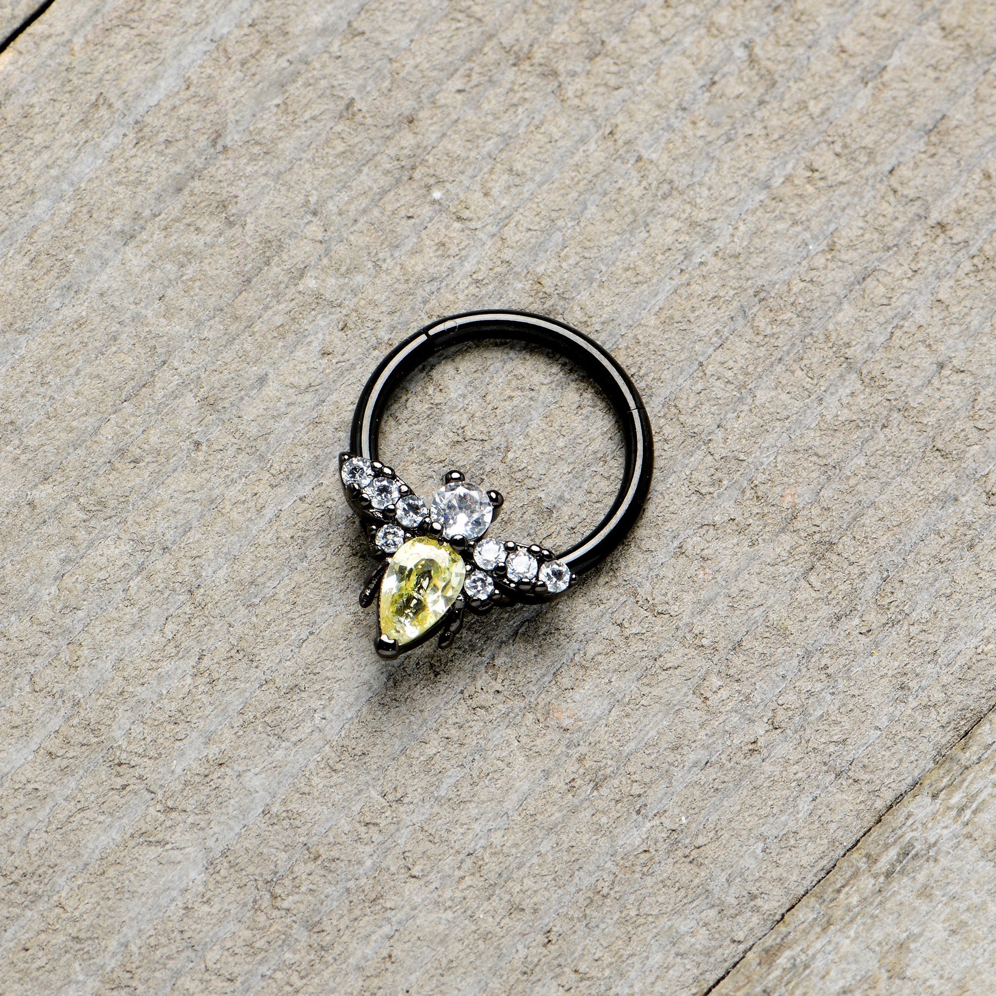 BodyCandy 16G 3/8 Yellow Clear Gem Black Butterfly Hinged Segment Ring — alternative angle
