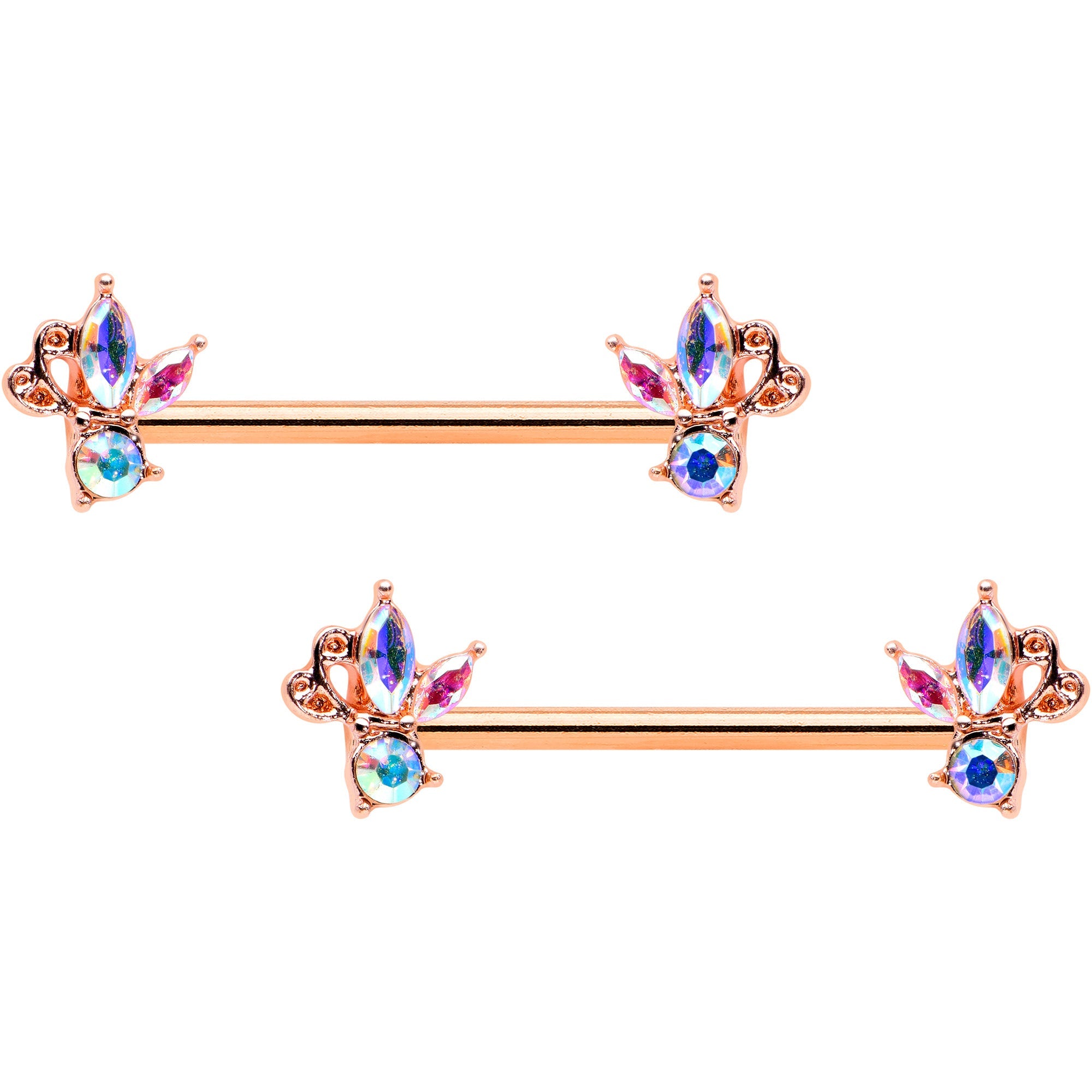 BodyCandy 14G 5/8 Aurora CZ Gem Rosy Hue Fleur de Lis Butterfly Barbell Nipple Ring Set — main product shot